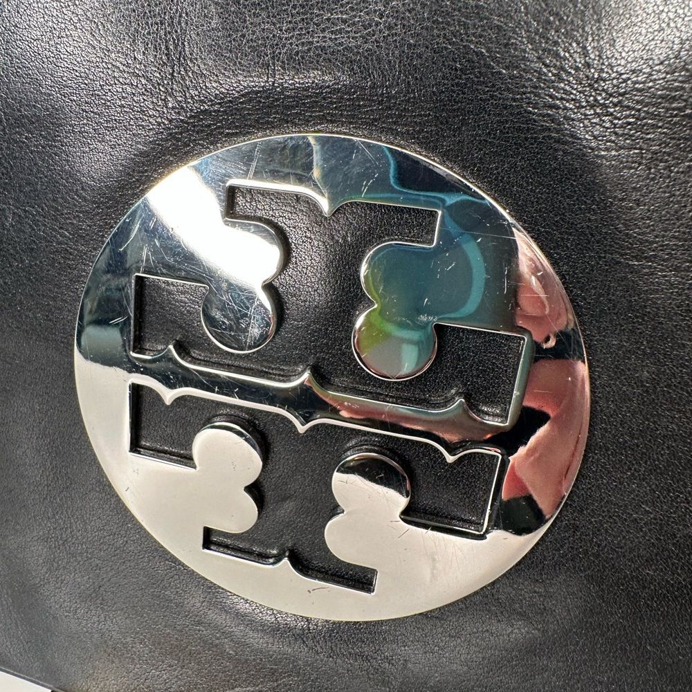 Tory Burch Black Leather Fold-Over Clutch | Removable Chain Strap | Silver Logo - Picture 8 of 12